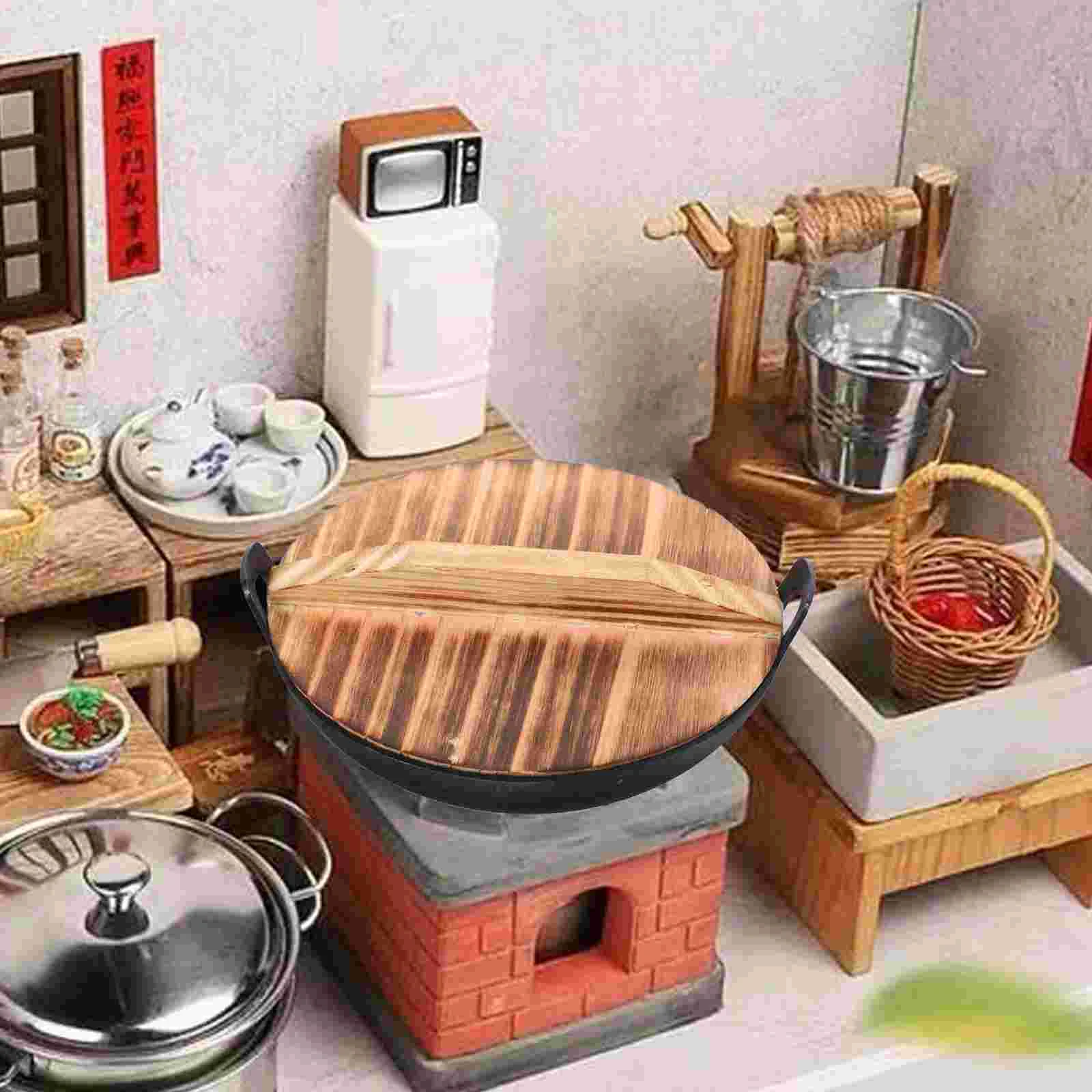 Mini Amphora Decor Scene Model Pretend Toy Kitchenware Cookware Miniature Gadgets with Wooden Cover Utensils