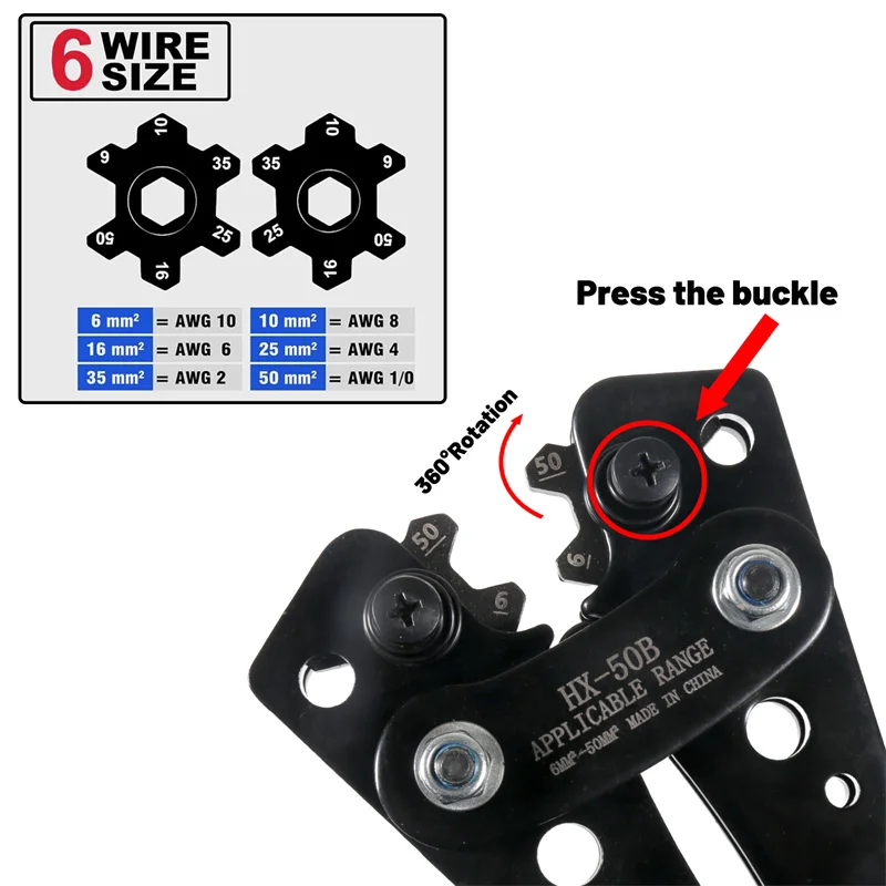 HX-50B 6-50mm² Batteriekabel-Crimpzange für AWG 10-1/0 Hochleistungs-Kabelschuh-Rohrklemmen-Crimpwerkzeug Sechskant-Crimpzange – Detail 3
