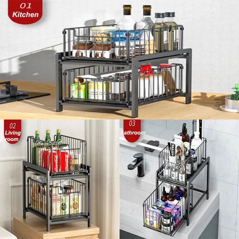 Under Sink Shelf Cabinet Organizer  2-Layer Removable Pull-Out Kitchen Under Sink Organizer Storage Rack with Drawers