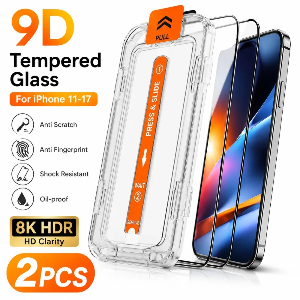 

2Pcs Full Cover Screen Protector for iPhone 17 16 15 14 Pro Max Air 17e 16e 13 12 11 Pro 14 15 Plus One Click Installation Glass