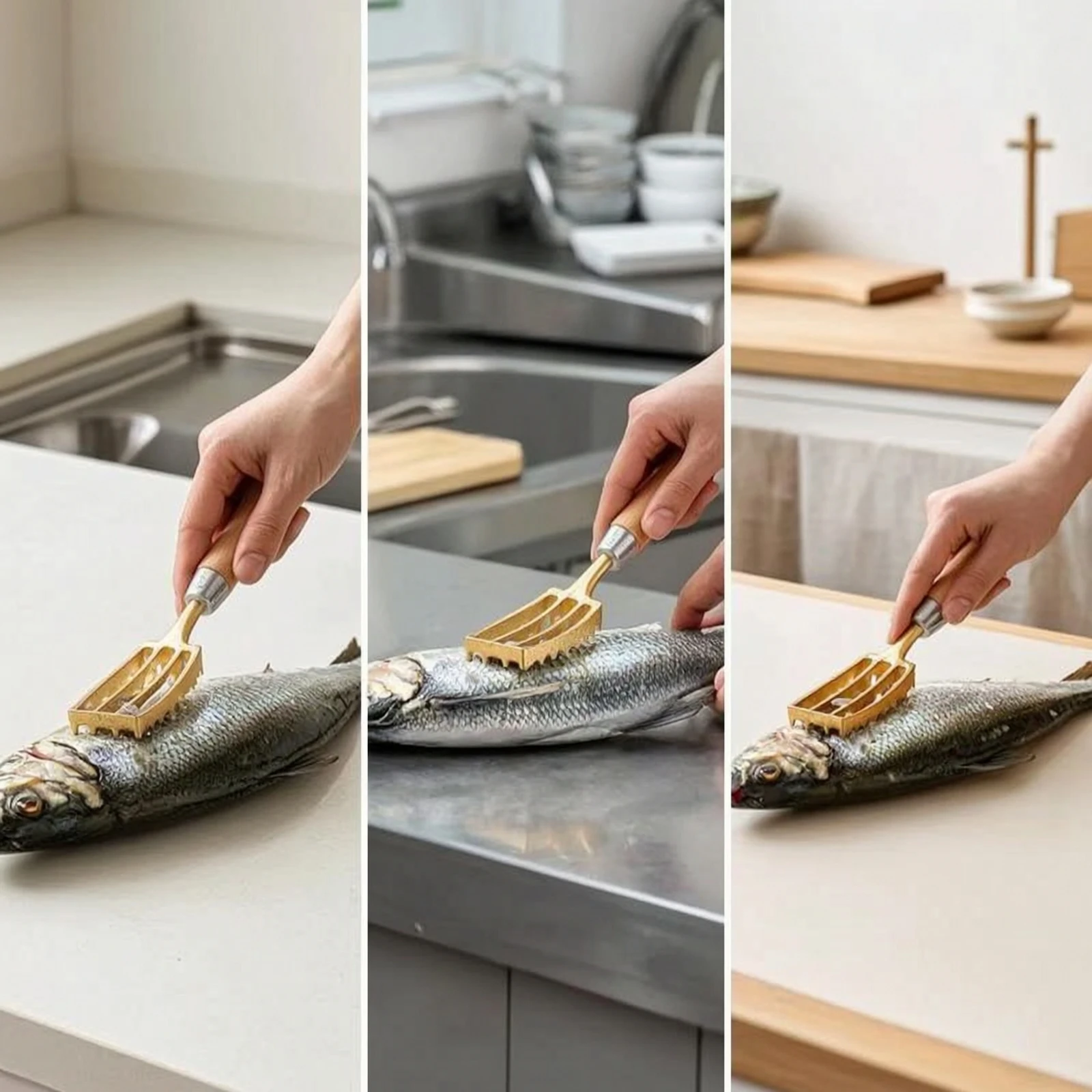 Brass Seafood Scaler with Wooden Handle Manual Seafood Scale Scraper with Wooden Handle Kitchen Tool Traditional Long-Lasting