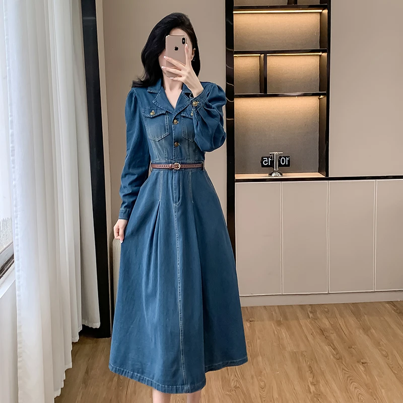 Retro Collar Denim Dress, Women\'s Spring And Autumn Blue High-End Feeling, Waist Cinching Chic Long Skirt