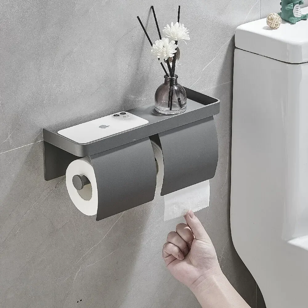 Gray Toilet Paper Holder Shelf With Tray Aluminium Tissue Holder Wall Hanging Tissue Hanger Black Toilet PaperRoll Holder