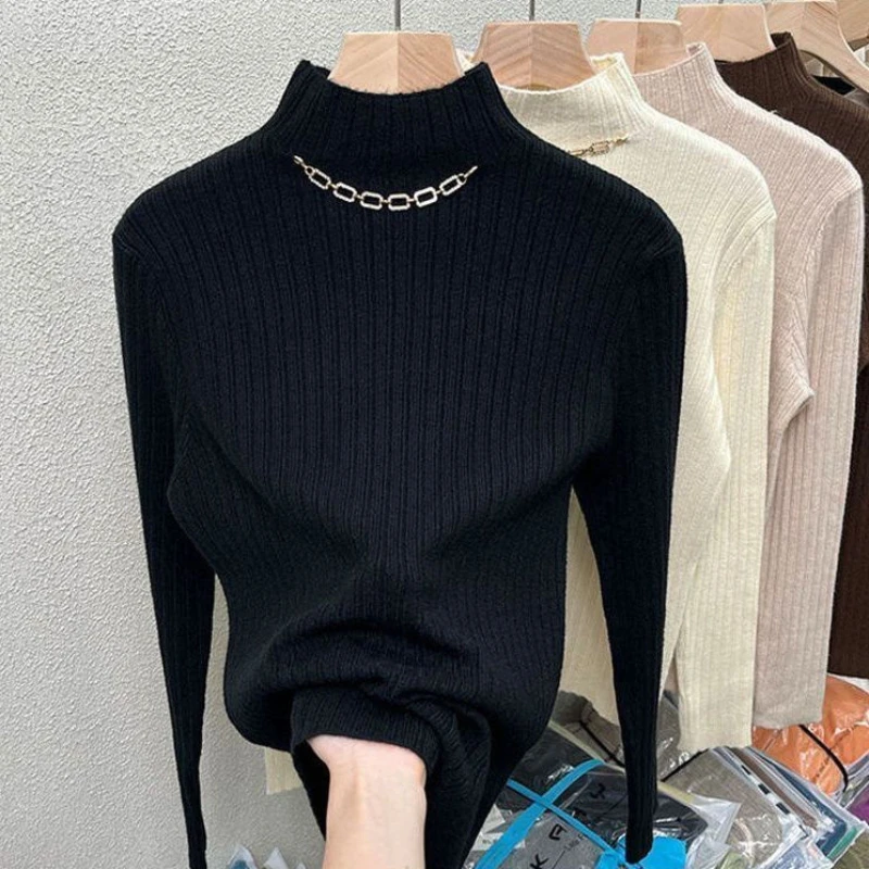 Korean Autumn Winter New Sweaters Women's Mock Neck Chain Simplicity Elegant Long Sleeve Pullovers Bottoming Shirt Knitted Tops