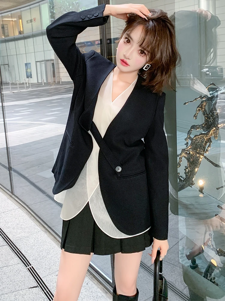 

mat Design Suit Two-Piece Set Unique Bla White Layering Casual Outerwear Year-End Special Offer Commute Sle V-Ne...