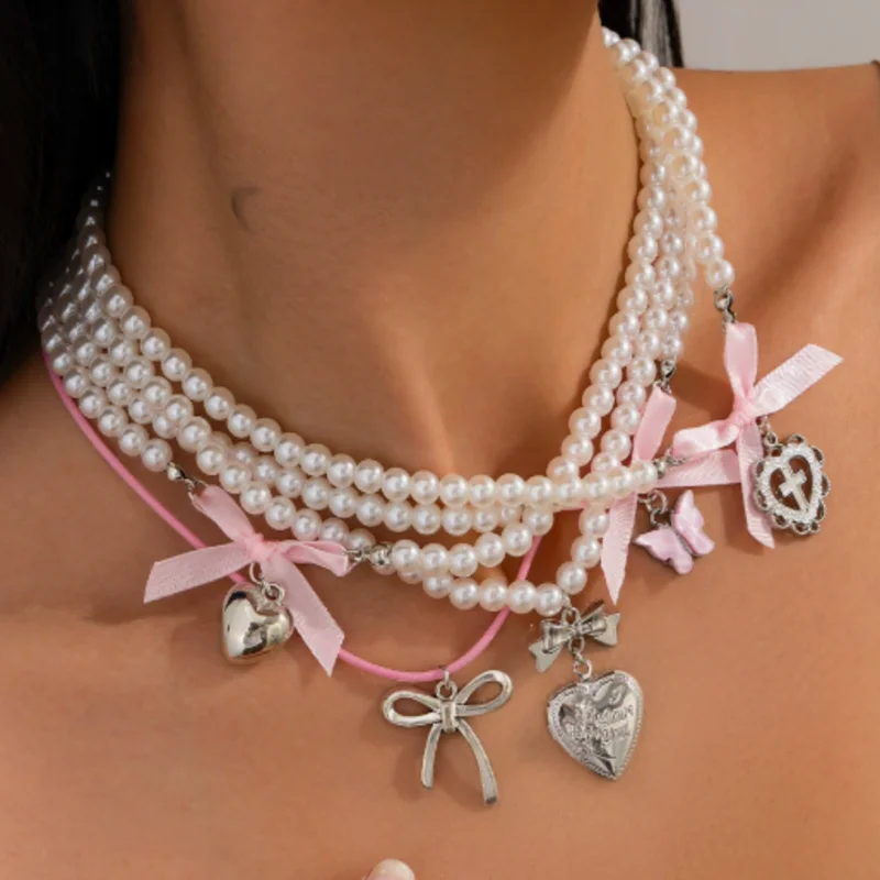 

Korean Romantic Imitation Pearl Multi-Layer Beaded Screws Heart-Shaped Bowknot Pendant Necklace Banquet Wedding Bridal Jewelry