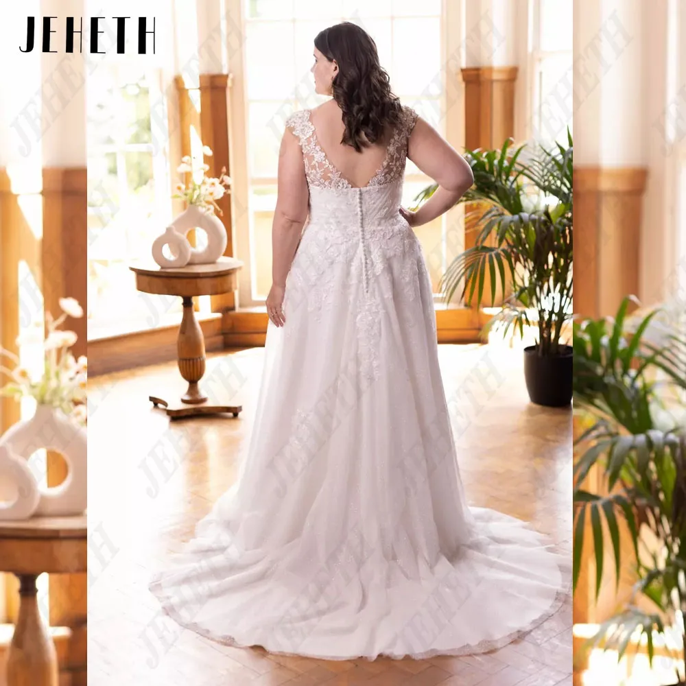 JEHETH Princess Cap Sleeves Wedding Dresses Plus Size For Woman Double V-Neck Bride Gowns A-Line Applique Robe De Mariee