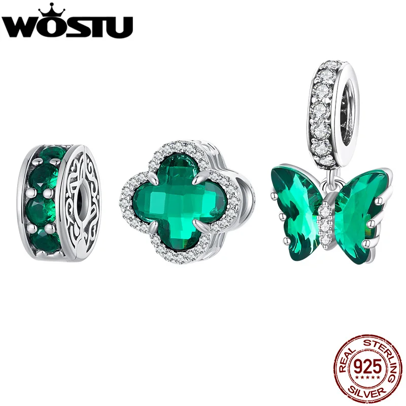 WOSTU 925 Sterling Silver Four-leaf Clover Charm Green Crystal Butterfly Pendant Spacer beads Fit Original Bracelet DIY Necklace