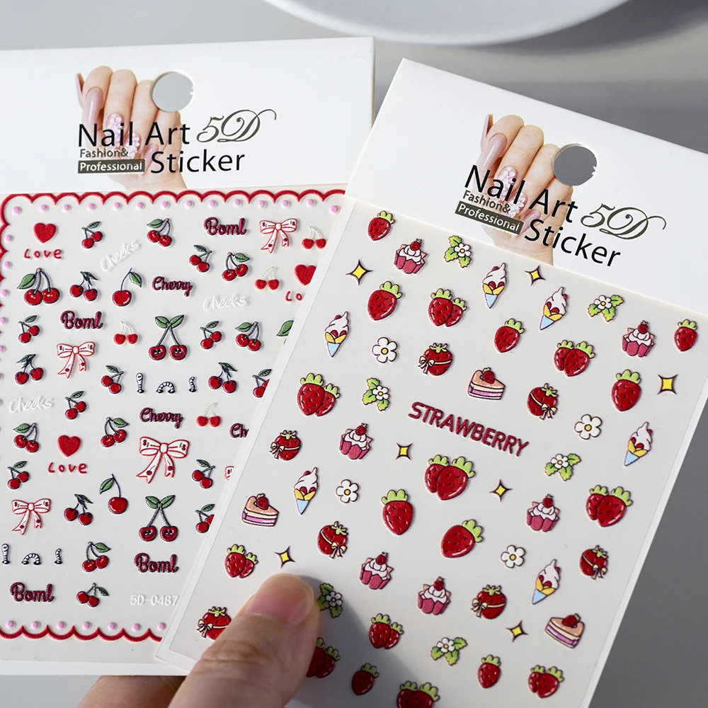 1 قطعة 5D الأحمر الفراولة الكرز مسمار ملصق Kawaii الصيف الفاكهة الآيس كريم لاصق الشارات القوس كعكة المتزلجون DIY بها بنفسك مانيكير الديكور