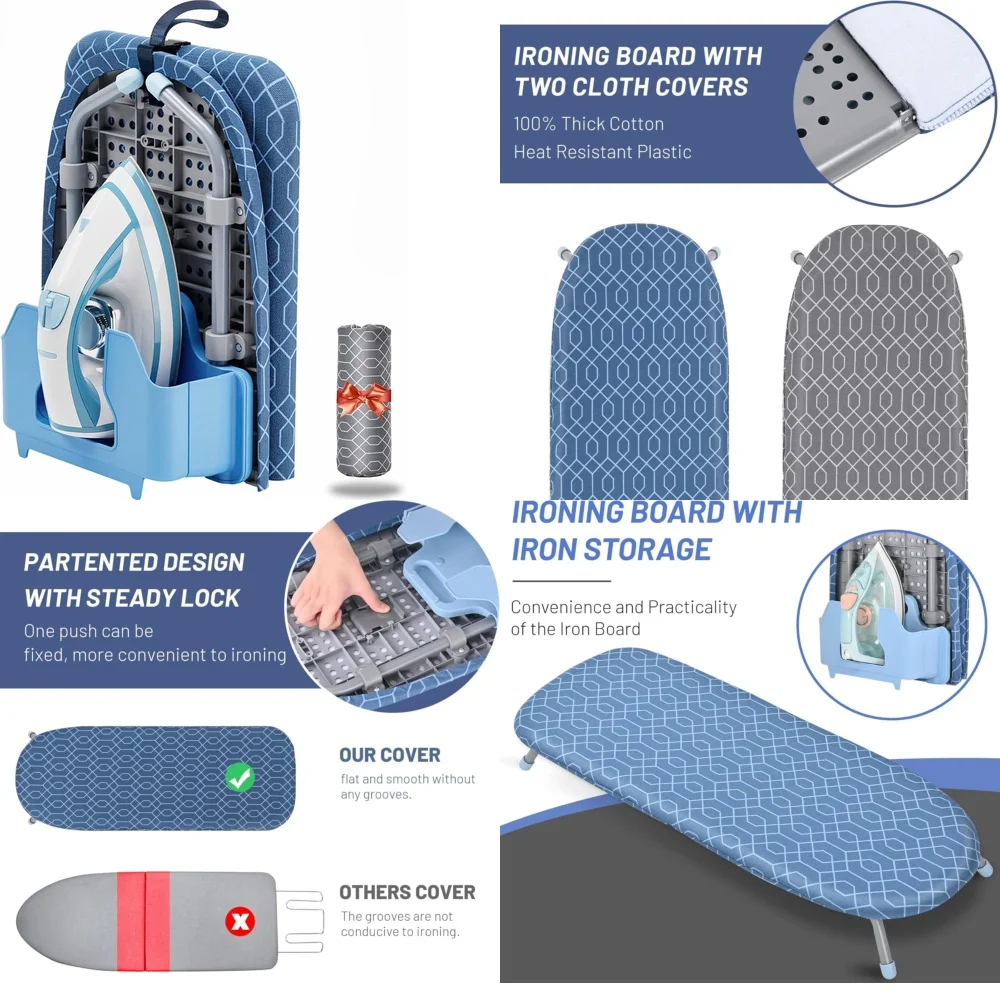 

Compact Ironing Board with Stand Small Size Foldable Ironing Table with 2 Heat Resistant Covers for Home Travel Office Use