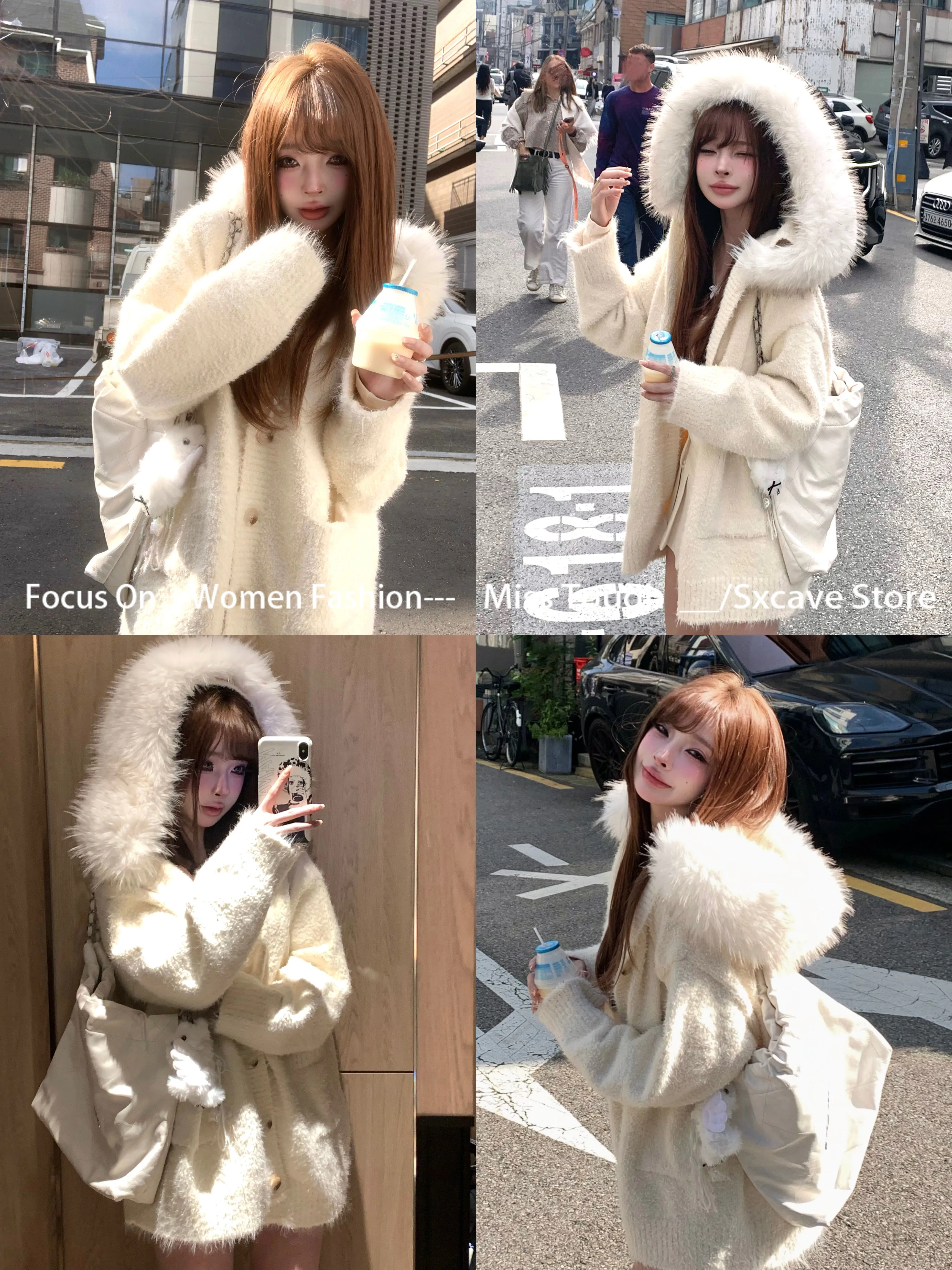 معاطف كورية من الفرو الصناعي مع غطاء للرأس للنساء بأكمام طويلة سترة محبوكة نحيفة ملابس خارجية للربيع سترة كلاسيكية أنيقة بلون نقي #4