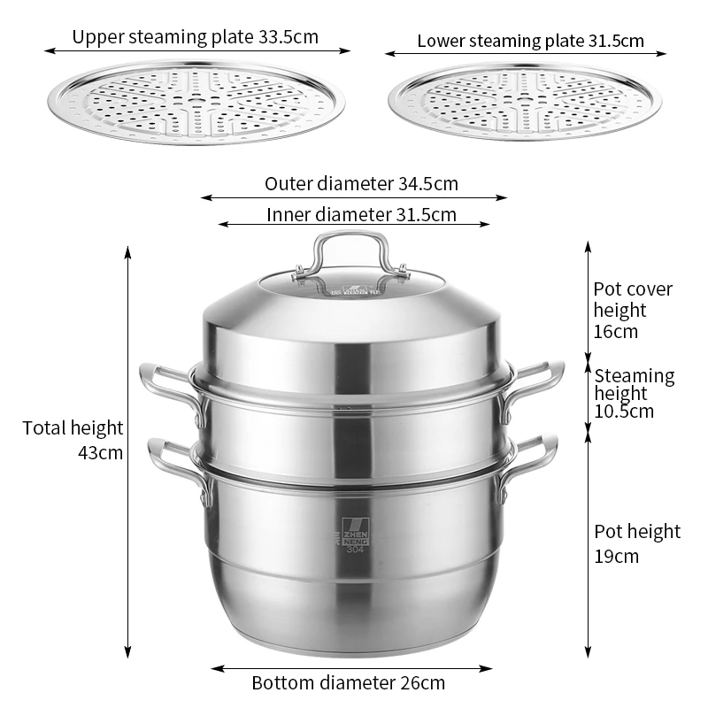 Household 32cm Stainless Steel Food Steamer Stainless Steel Cooking Pot with Visual Cover and Double Handles for Family