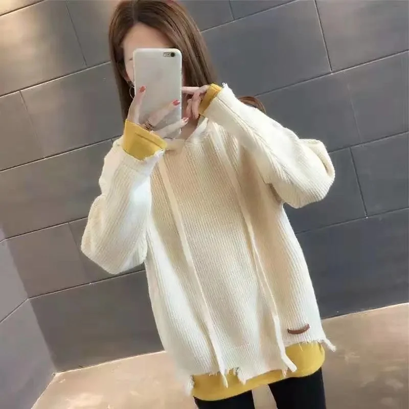 Felpa con cappuccio in maglia con cappuccio donna 2023 spessa nuova finta versione coreana di due moda della parte superiore Ins maglione cappotto