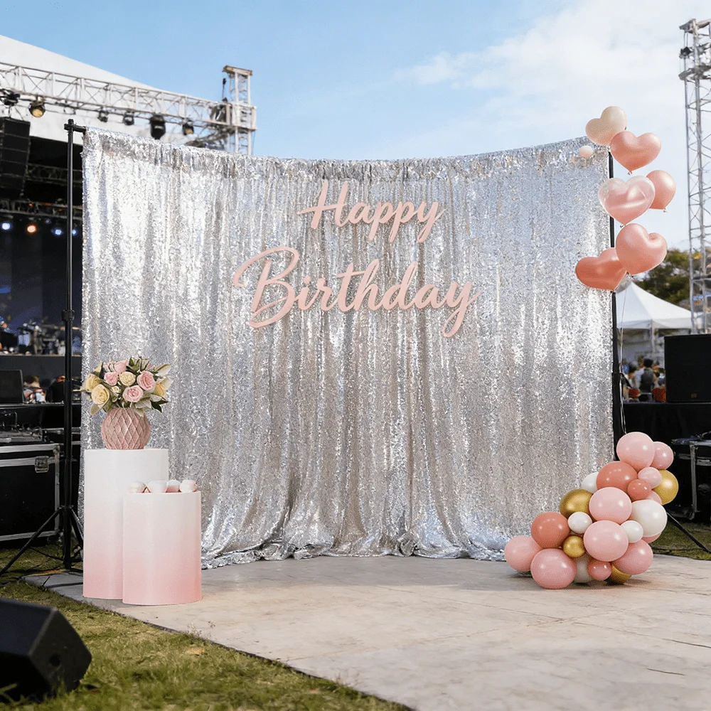 1PC High-End Cold Tone Mirror Silver Color Sequin Background Curtain, Easy Install Pole Bag, Indoor Outdoor Reusable Party Backd view 5