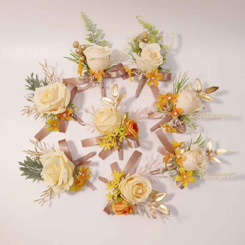 Boutonniere y ramillete de muñeca, suministros de boda, banquete, invitados, flores simuladas, novio, novia, serie naranja, 447