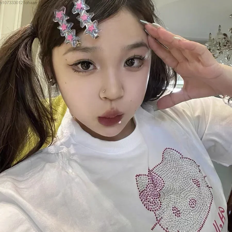 Sanrio Hello Kitty Cartoon Rhinestone Short Sleeve Tshirts Women Fashion Streetwear Loose Tee Shirt Girl Top Gift for Girlfriend