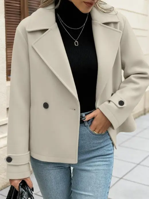 Nuevo abrigo corto con doble botonadura para mujer, diseño minimalista con cuello de gran tamaño para uso diario e informal, otoño e invierno