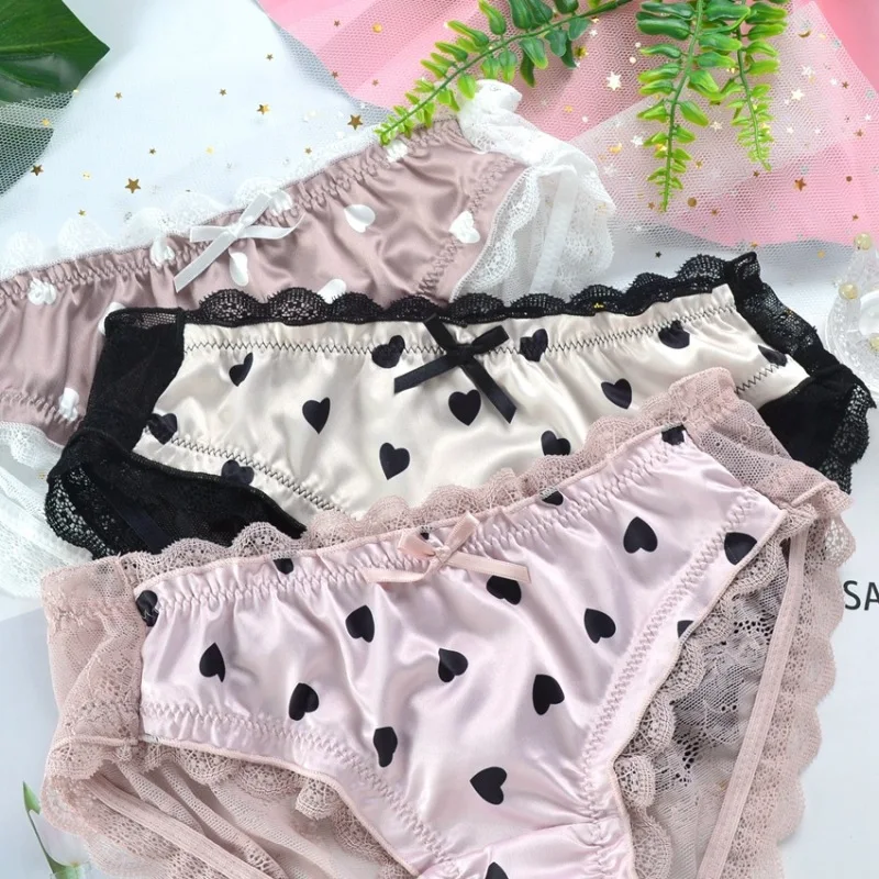 New Women Sexy Lace Transparent Hearts Print Cute Lovely Sweety Underwear Breathable High Stretch Ruffle Bow Panties Breifs