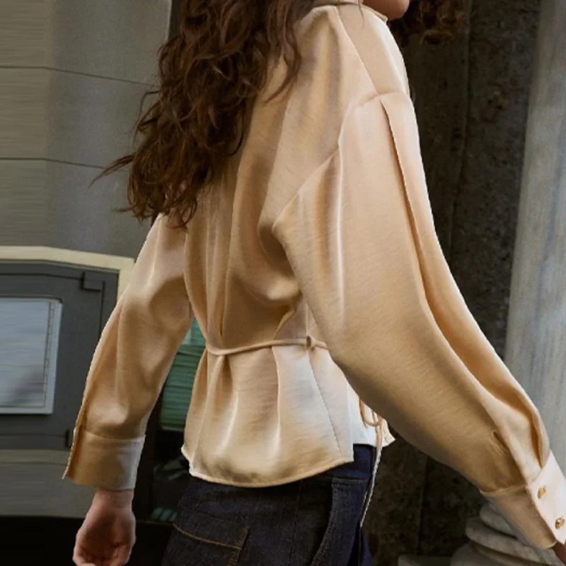Zaza Slim Waist Satin Shirt Lapel Long Sleeve Lace Up Top Solid Vintage Blouse Commuter Office Tops 2025 New Lady Fashion Tops