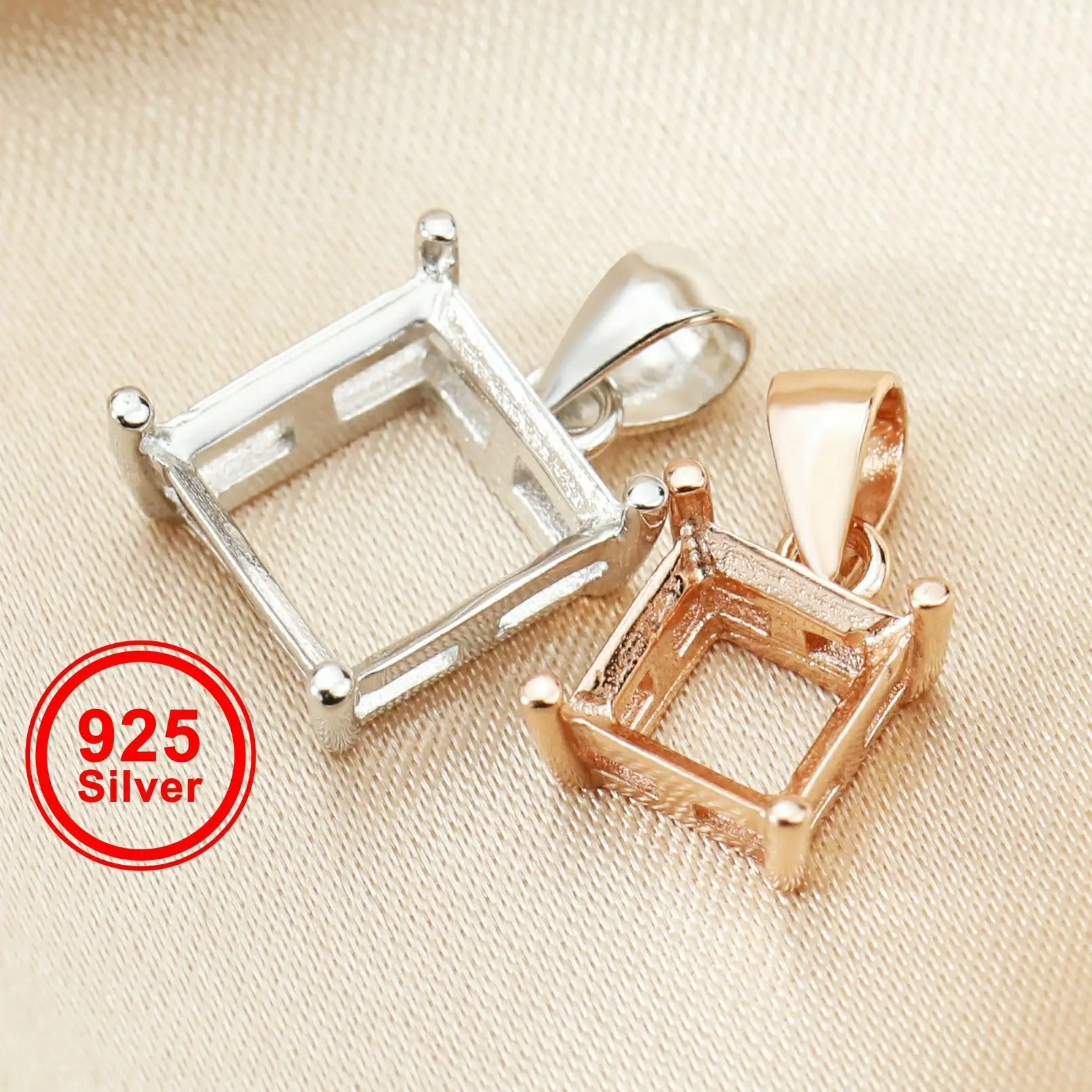 5-10MM kwadratowy Prong wisiorek Charm ustawienia proste Rose pozłacane stałe 925 Sterling Silver DIY fasetowany wisiorek dla Gemstone 1431067