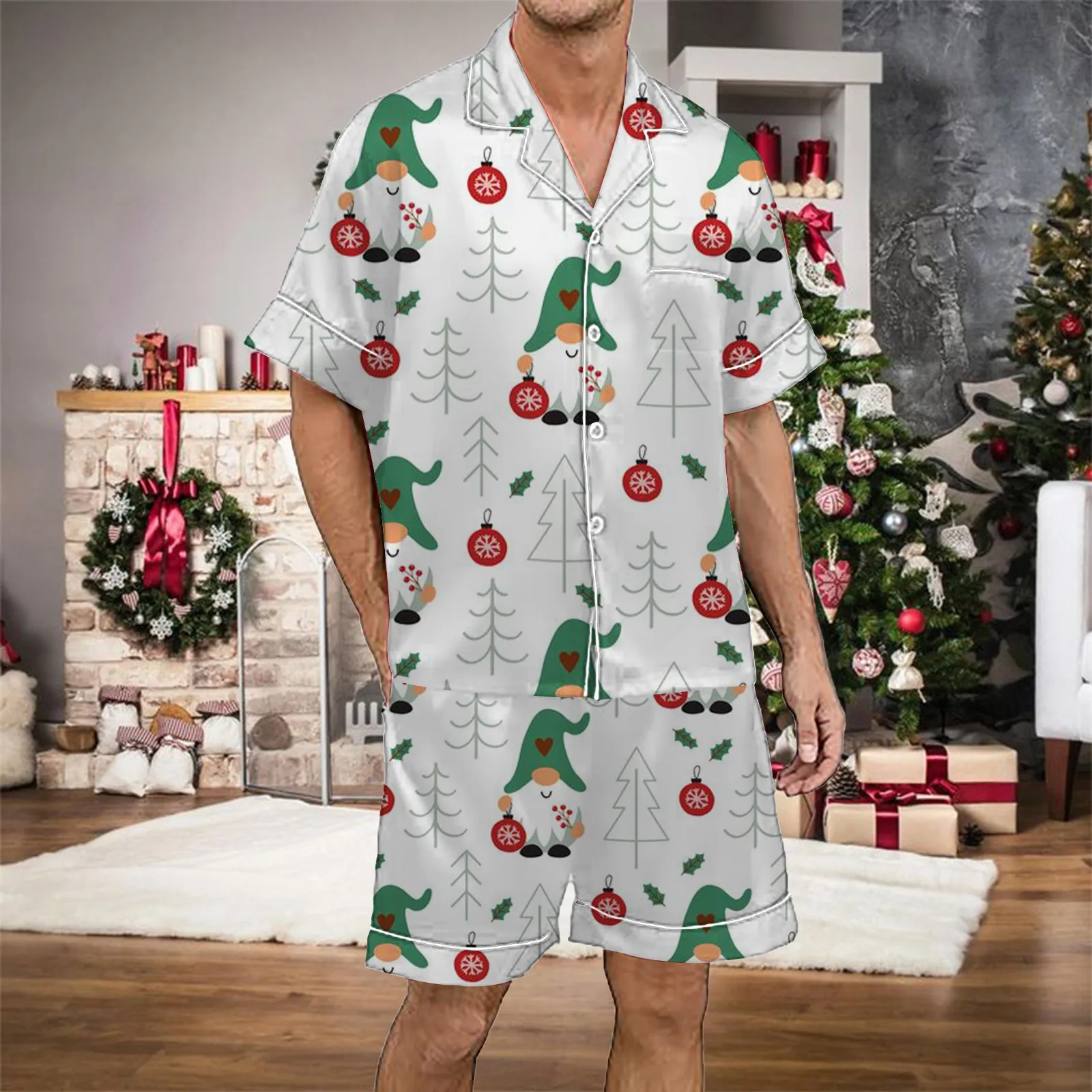 Satin Silk Men\'s Christmas 2 Piece Pajamas Set Short Sleeved Button Up Shirt And Shorts Set Christmas Tree Printed Short Suit