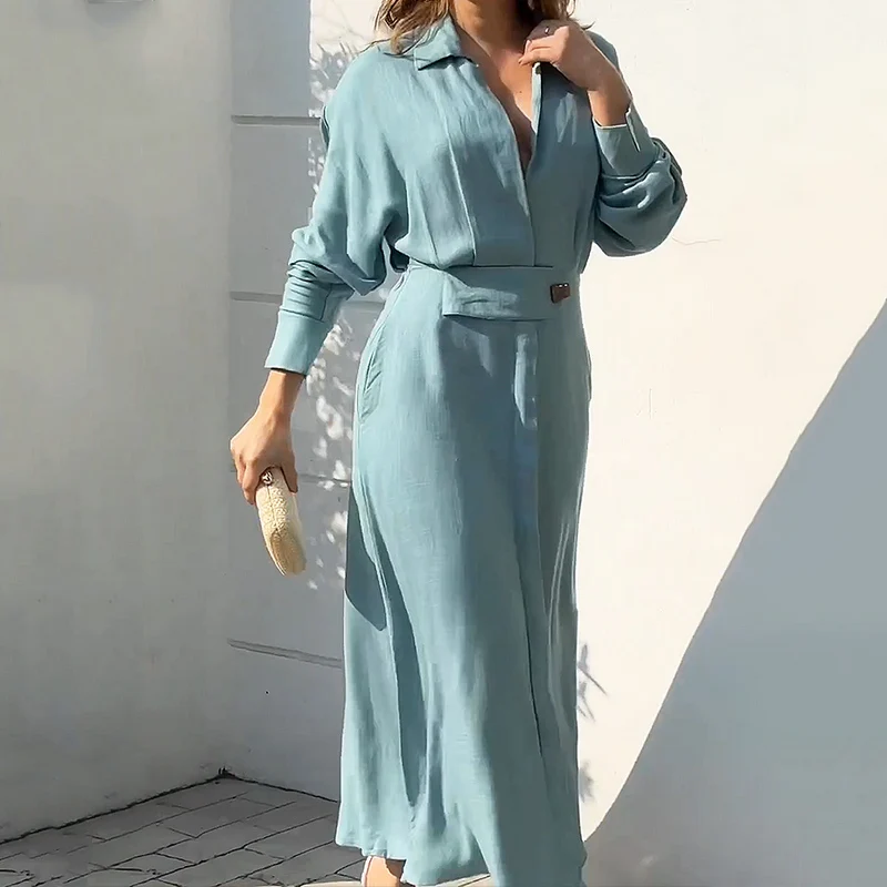 Wefads Long Dress Autumn Women Elegant Casual Solid Long Sleeve Lapel Singe Breasted Button Nipped Waist Slit Office Dresses