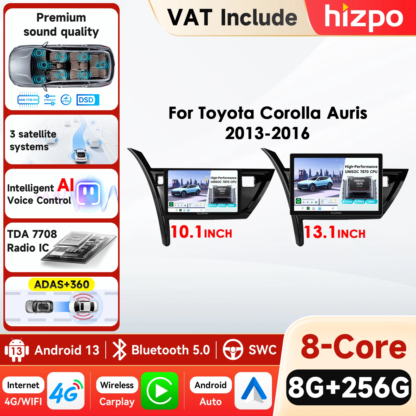Hizpo 2K écran Intelligent de voiture pour Toyota Auris 2013-2016 Corolla hybride CarPlay Android Auto Radio GPS 3D HD multimédia stéréo