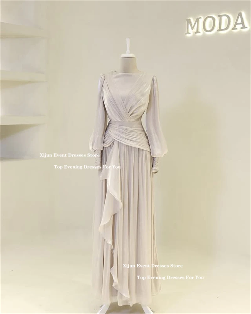 Xijun Modest Long Evening Dresses Luxury long Sleeves Pleats A-Line Prom Gown Silk Satin Formal Occasion Prom Dresses Customized