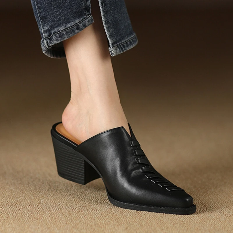 NEW Summer Women Mules Genuine Leather Shoes for Women Cover Toe Chunky Heel Slippers Cross-tied Pointed Toe Black Women Sandals