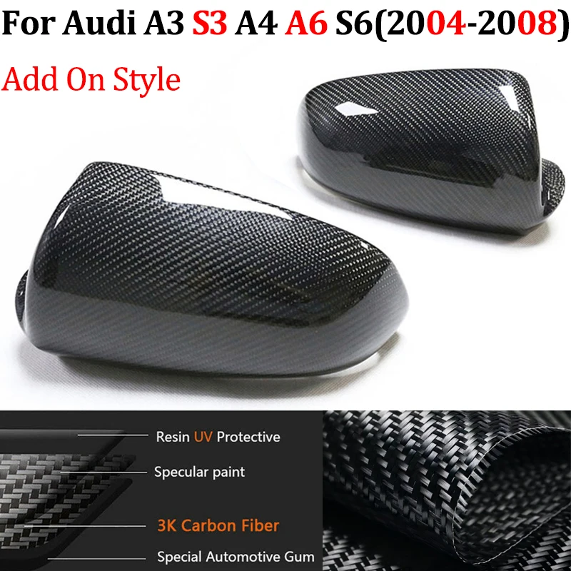 

For Audi A3 S3 A4 B7 A6 S6 2004-2008 Real Carbon Fiber Car Side Door Wing Rearview Mirror Cover Cap Replacement Add On styles