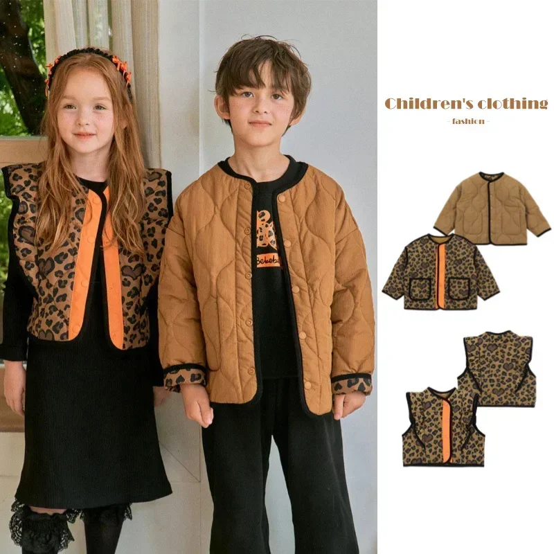 Leopard Pattern Girls' Coat 2024 Autumn/Winter Korean Girl Cotton-padded Clothes Two Sides Wear Boys' Jacket Outerwear