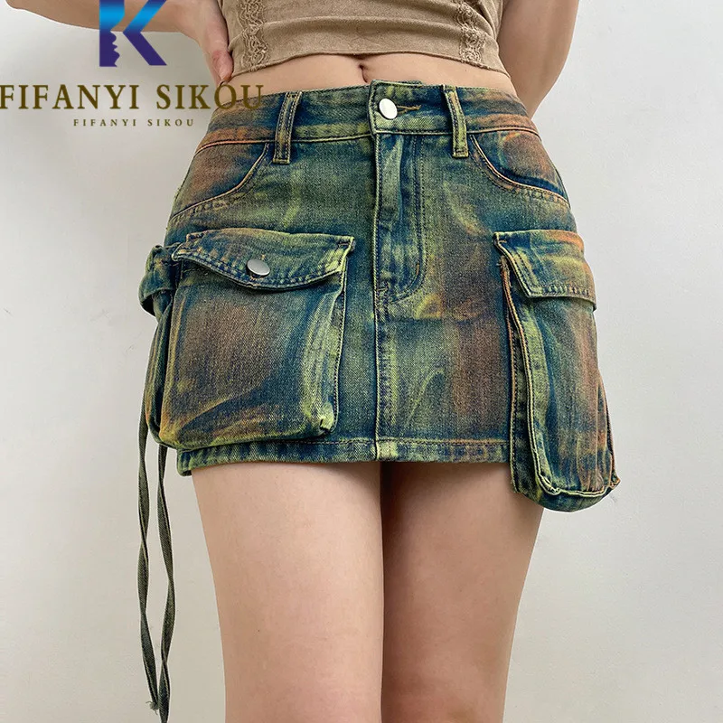 

Tie Dye Denim Skirt Women Big Pocket Fashion Spliced Green Washed Jeans Skirt Summer Loose High Waist Short Skirts Female