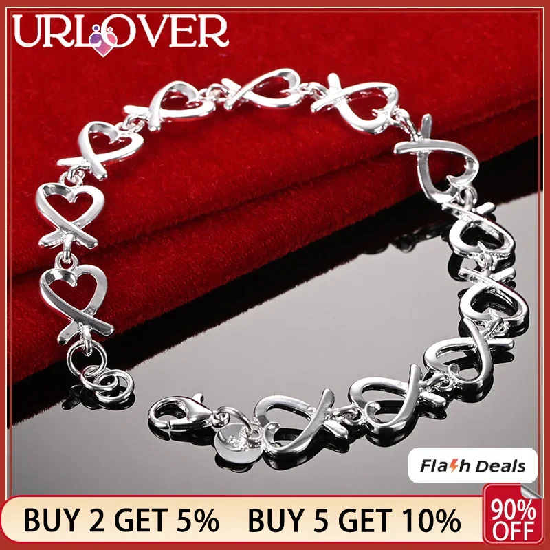 

URLOVER 925 Sterling Silver Heart Bracelets For Woman Bracelet Party Engagement Wedding Fashion Charm Jewelry Lady Birthday Gift