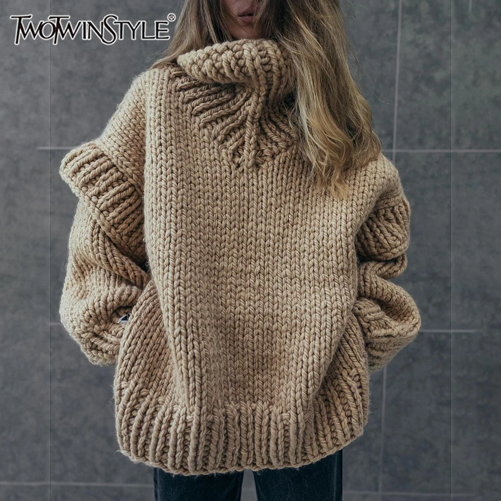 TWOTWINSTYLE Solid Knitting Sweaters For Women Turtleneck Long Sleeve Split Designer pullover Sweater Female Fashion New Clothes