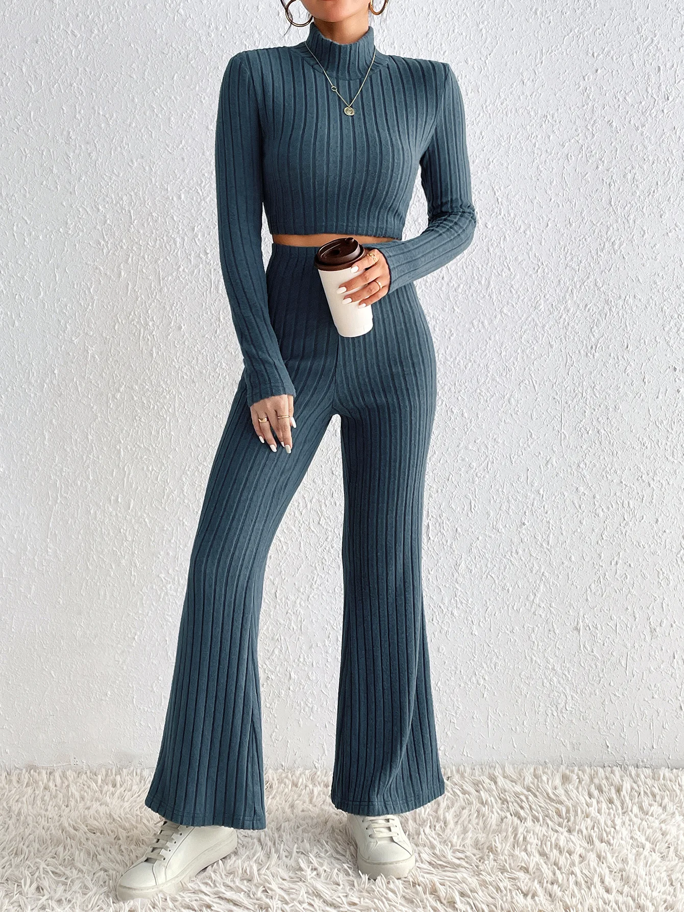 Elegant 2-Piece Sets for Women Fashion Solid Color Women's Turtleneck Wide Leg Pants Suit Autumn Winter Women 2 Piece Set Outfit