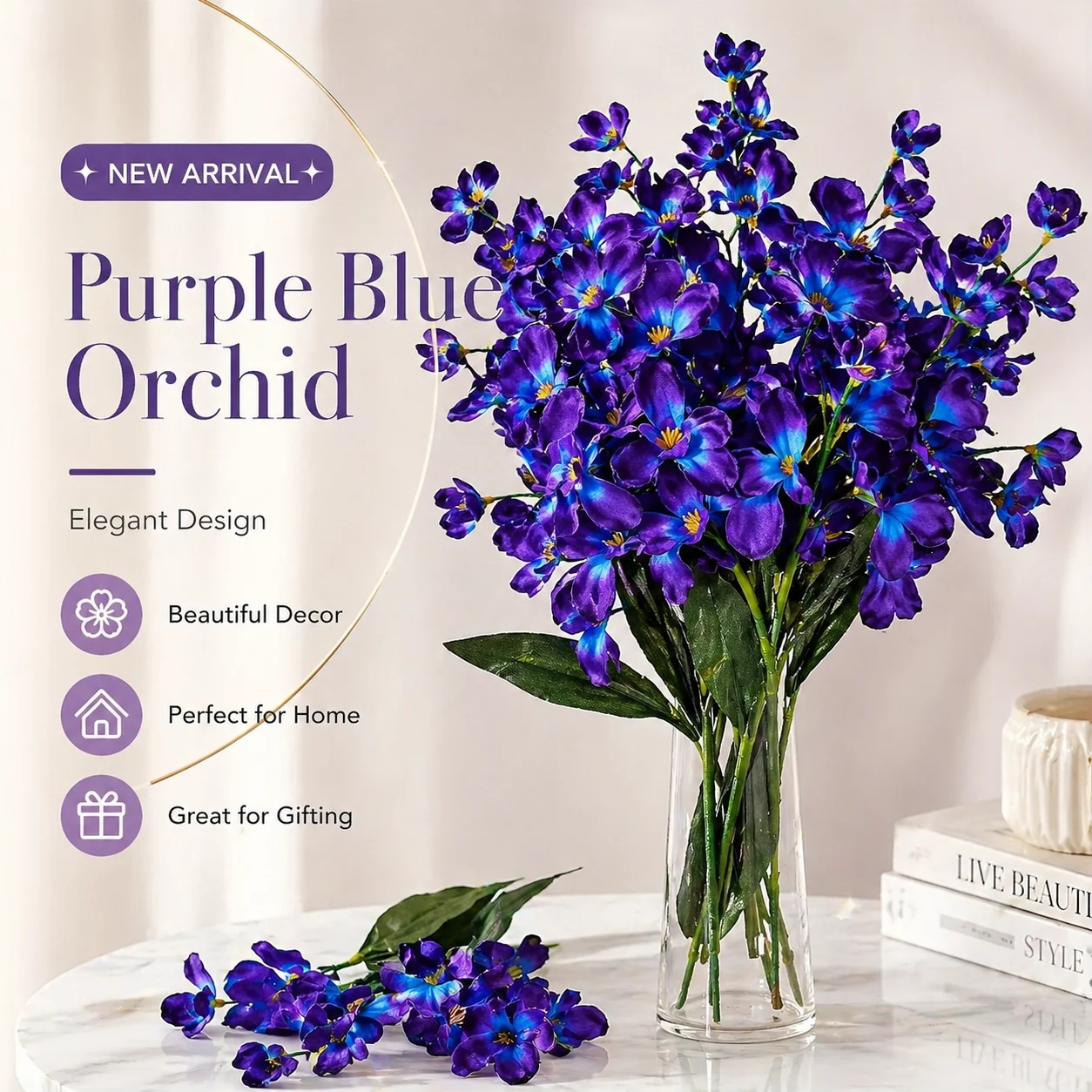 5 pièces de fleurs d'orchidées artificielles violettes et bleues de 27 pouces pour bouquet de mariage, décoration de la maison et des restaurants