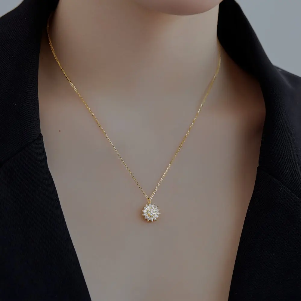 Classic Sunflower Cubic Zirconia Pendant Necklaces For Women Gold Color Alloy Rotate Necklace Daily Jewelry image 6