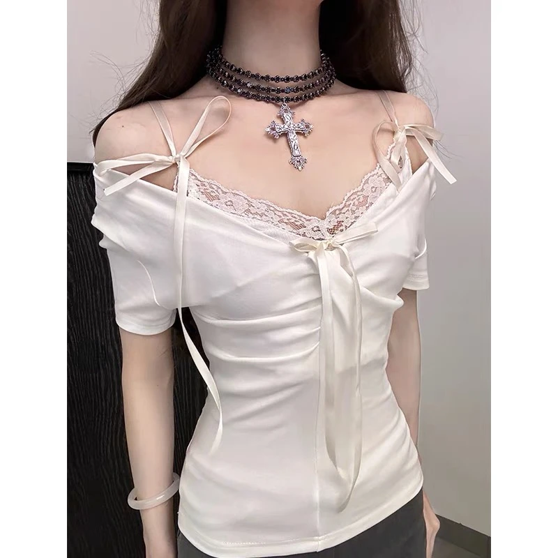 Deeptown Sweet Coquette T-shirts Sexy Lace Up Off Shoulder Tops Elegant Korean Style Cute Clubwear Y2k Aesthetic Two Piece Set