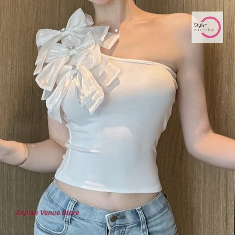 

French sexy bow hanging neck short oblique shoulder dress female summer spice girl tube top shoulder strap design sense vest