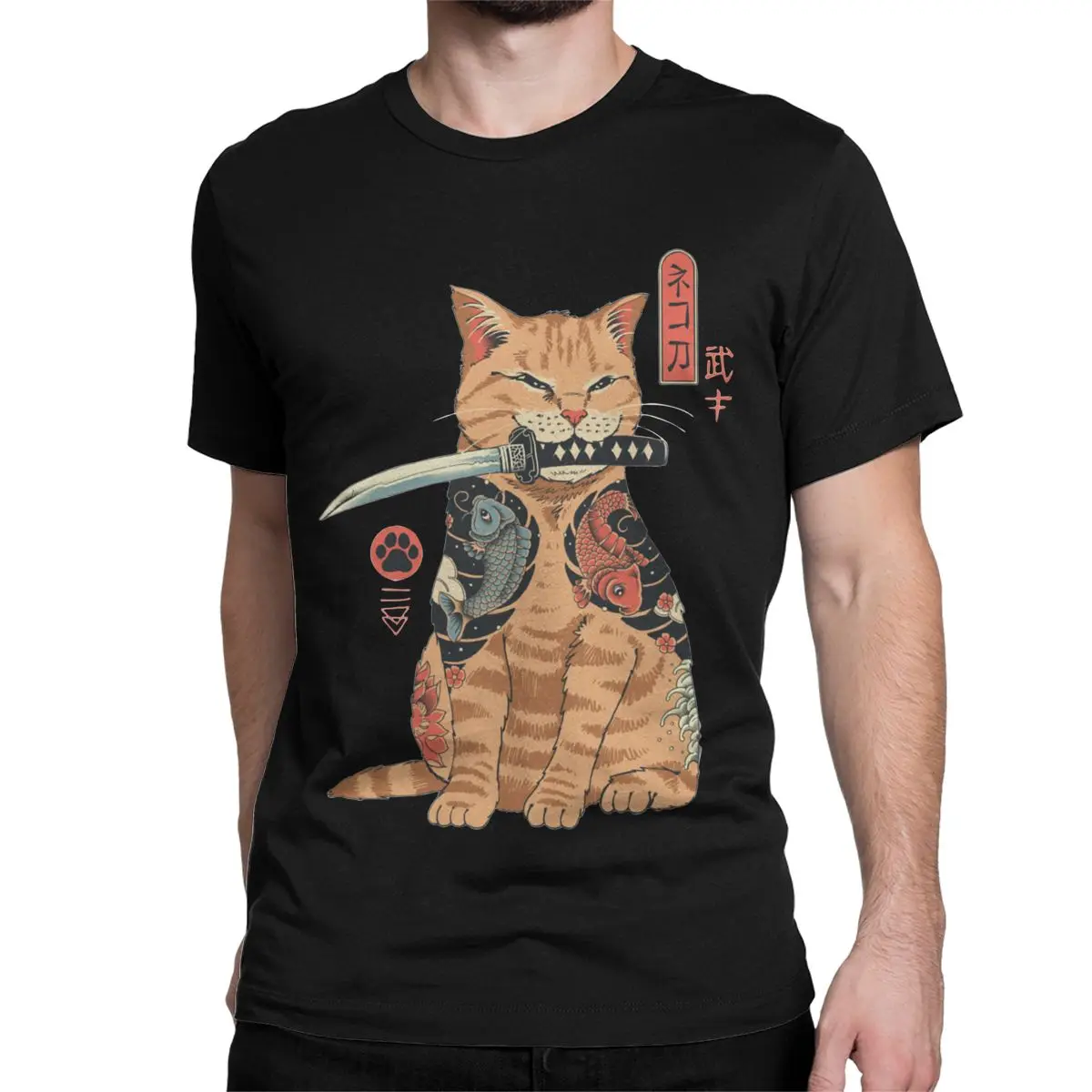 Catana Cat T-Shirts Men Women Japanese Japan Retro Samurai Yakuza Funny Cotton Tee Shirt O Neck Short Sleeve T Shirt Summer Tops