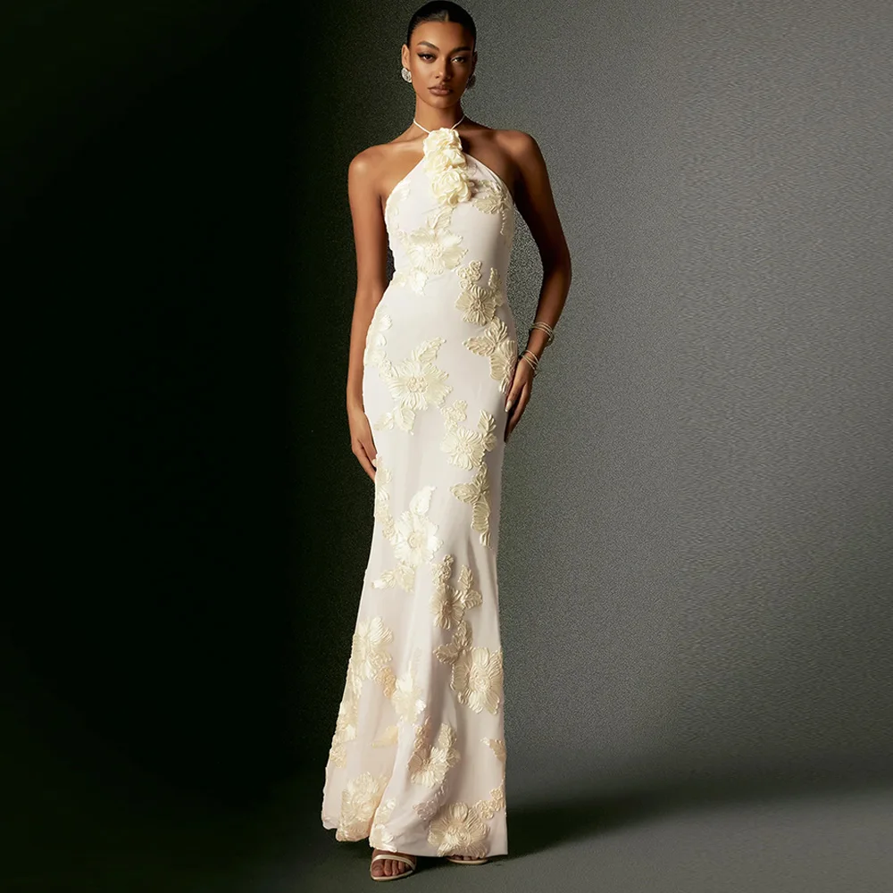 

Customized Mermaid Halter Evening Dress Delicate Flowers Prom Dress Fashion Floor Length Zipper Back Bespoke Occasion Gowns