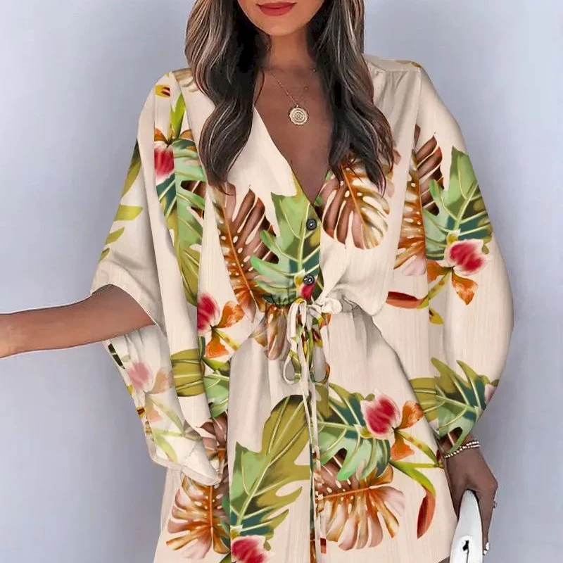 Fashion V-neck Flared Sleeve Bikini Cover-Ups for Woman Swimsuit Cover Up Dress 2023 New Lace Up Holiday Beach Tunic Beach Dress