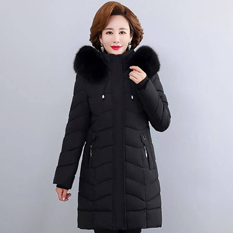 Imagem -03 - Cabolsas de Inverno para Mulher 2023 Grosso Quente de Meia Idade Cabolsas de Inverno Feminino Gola de Pele Casual Algodão Acolchoado Longo Parkas com Capuz