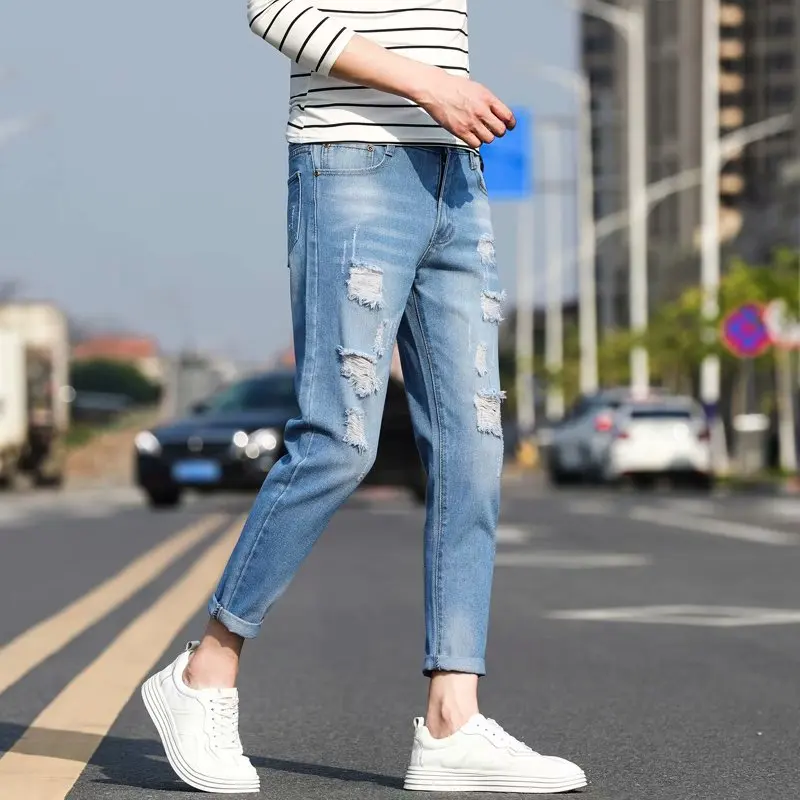 Trendy Men's Ripped Jeans Casual Slim Fit Nine Point Jeans Autumn Korean Style Versatile Comfortable Cotton Denim Long Pants