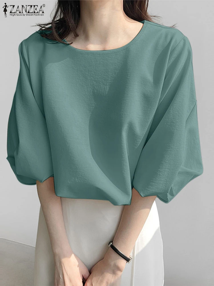 ZANZEA Women Elegant Puff Sleeve Blouses Leisure Daily O Neck Solid Color Blusas Mujer Korean Fashion Casual Plain Shirt Tops