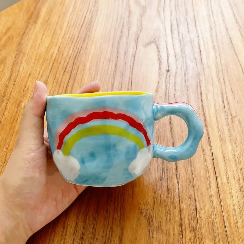 虹色の韓国風手描き不規則セラミックマグカップ、手描きの花柄コ - Coffee Tea Day のレビューと価格