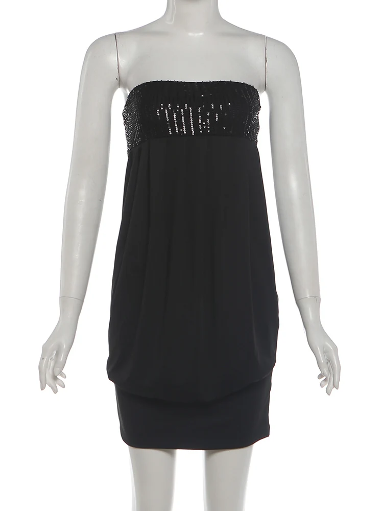 Weird Puss Sexy trägerloses Minikleid für Damen, mit Pailletten, Patchwork, Wickeldetail, rückenfrei, figurbetont, pfirsichfarben, Street-Style, gerafft, elegant, Bodycon – Detail 3