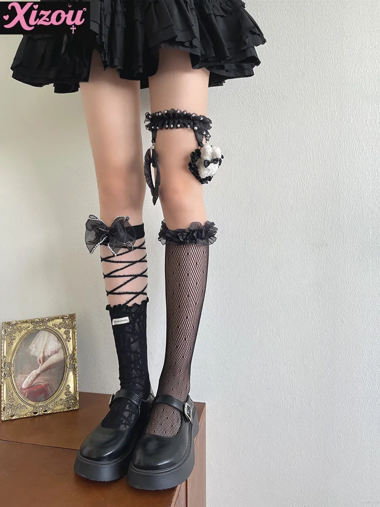 Japanese Sweet Cool Girl Gothic Stacked Wear with Glass Silk Lolita Crystal Lace Leg Ring Media Tube Socks with Skirt
