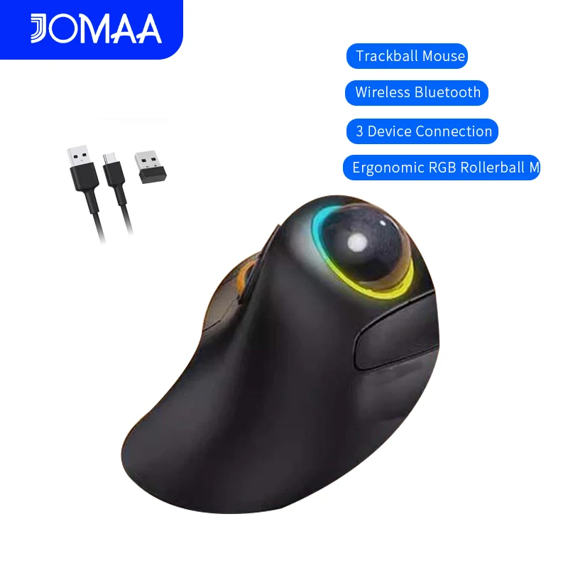 

Беспроводная Bluetooth-мышь с трекболом, эргономичная мышь-роллер RGB, перезаряжаемая компьютерная мышь для ноутбука, подключение 3 устройств