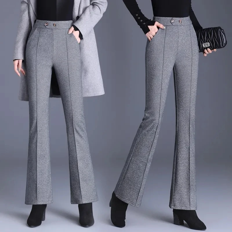 

Spring Autumn New Elastic Waist Woolen Pants Office Female Casual Flare Pants Fashion Women Stretch Casual Straight Trousers 5XL